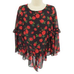 K/Lab Women Small Red Rose Flower Sheer Ruffle Long Sleeve Shirt Top Blouse